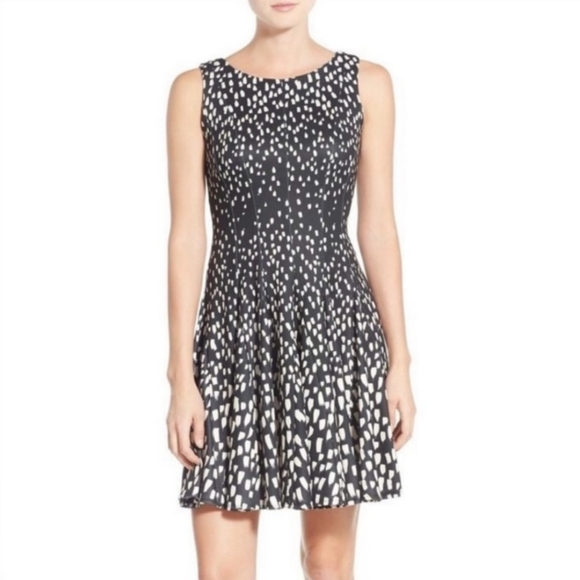 Eliza J Fit and Flare Black and Cream Abstract Spatter Mosaic Print Skater Dress